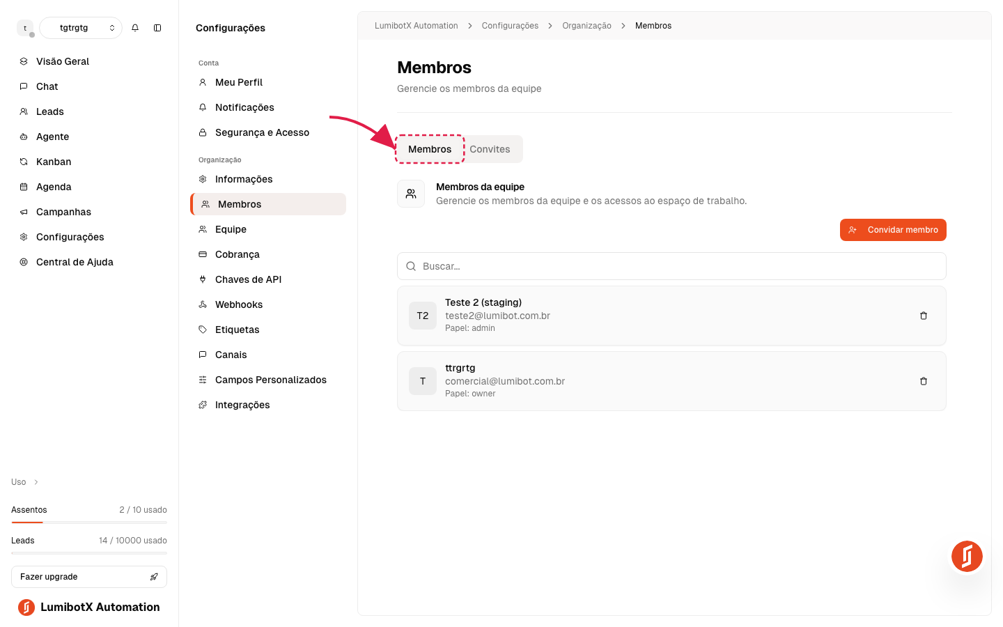 Menu de Configurações aberto, com uma seta vermelha apontando para o item "Membros" na seção Organização