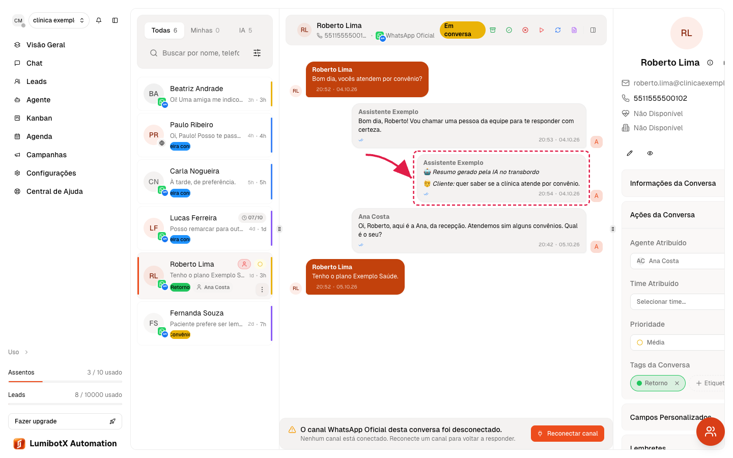 Conversa aberta mostrando o histórico e uma seta vermelha apontando para a Nota Privada com o resumo da IA