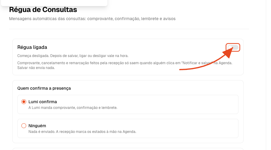 Régua de Consultas com a seta destacando o interruptor Régua ligada