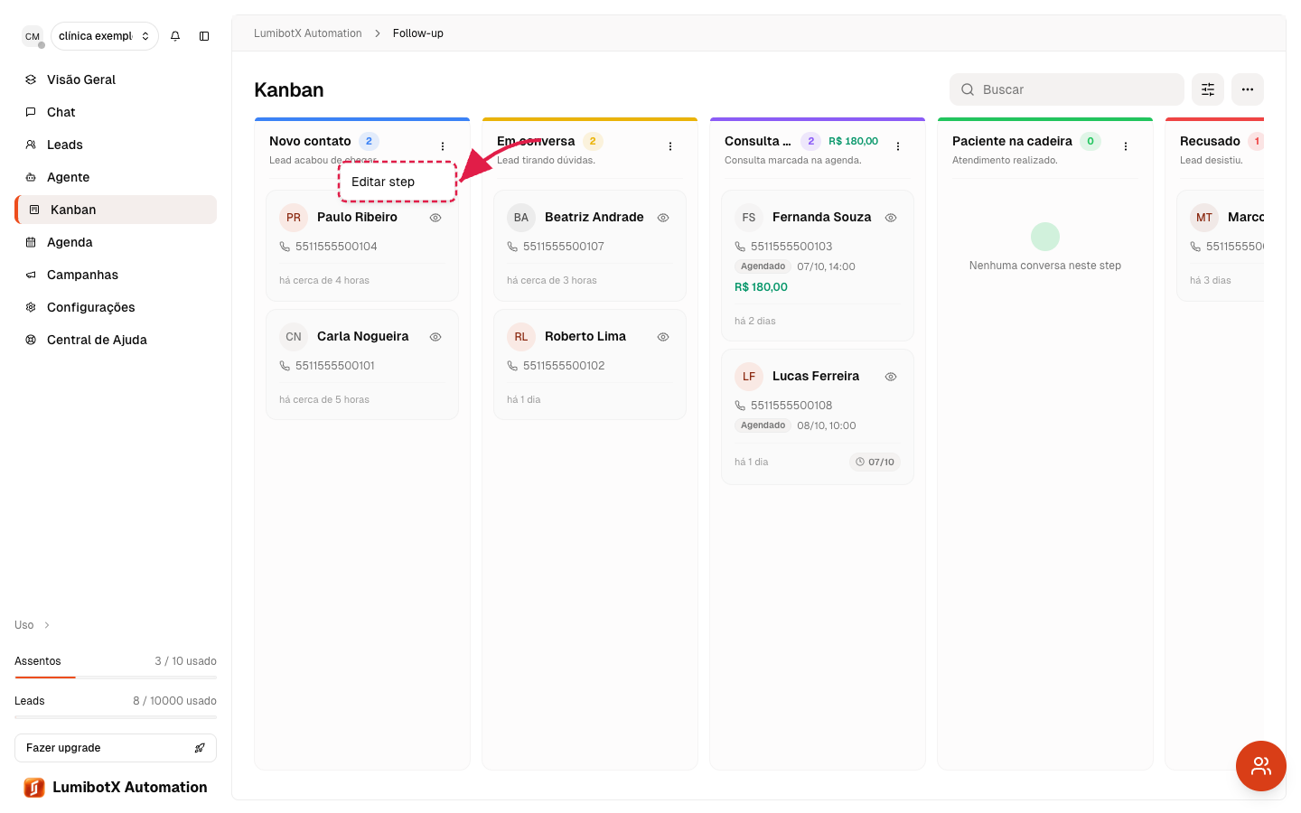 Quadro Kanban com seta vermelha apontando para a opção de editar uma etapa