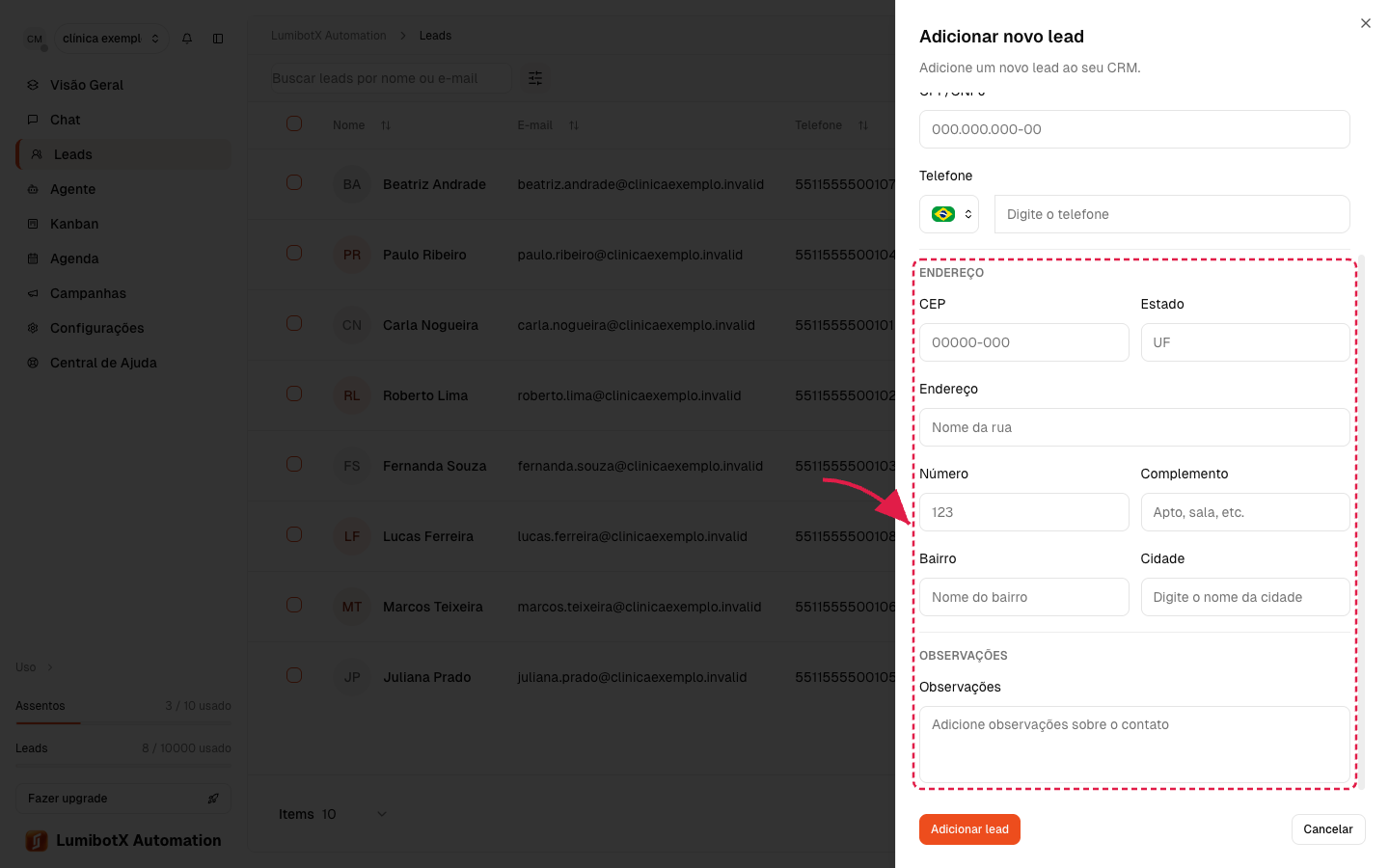 Painel de cadastro com seta vermelha apontando para as seções Endereço, Informações Adicionais e Observações