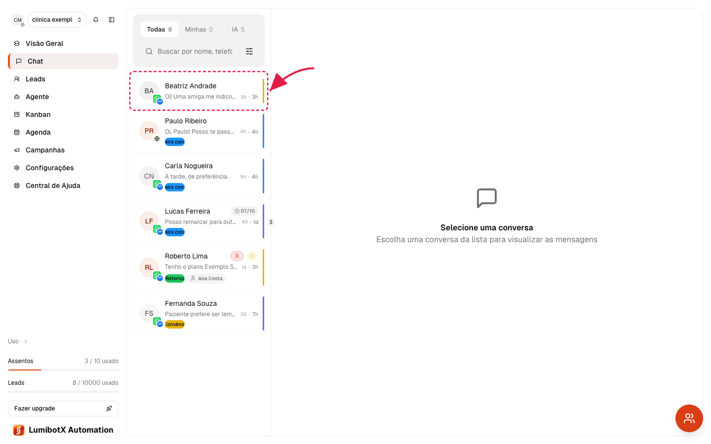 Conversa recém-criada no LumibotX com uma seta vermelha apontando para o novo lead na lista