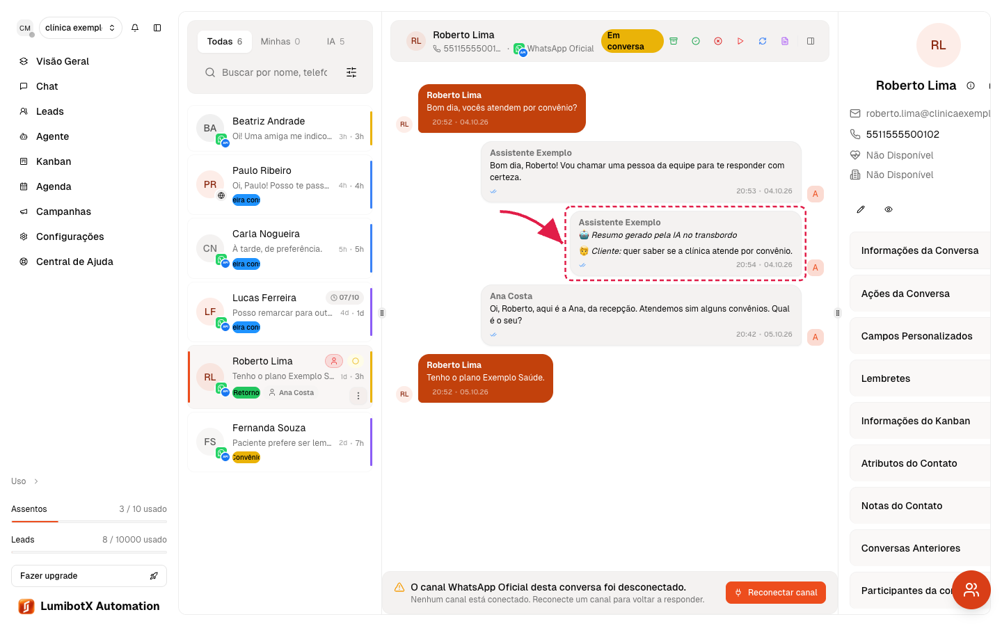 Chat aberto com uma seta vermelha apontando para a nota privada com o resumo da conversa