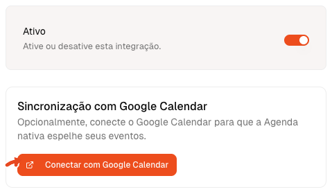 Card do Google Calendar com seta vermelha destacando o botão de conectar