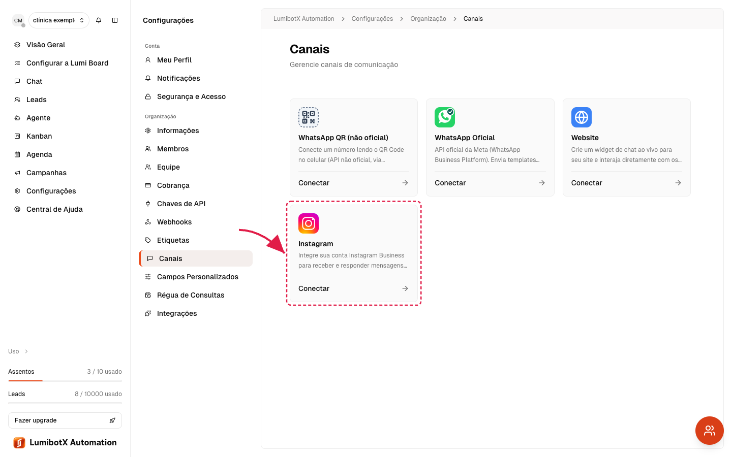 Página de Canais com uma seta vermelha apontando para o card do Instagram