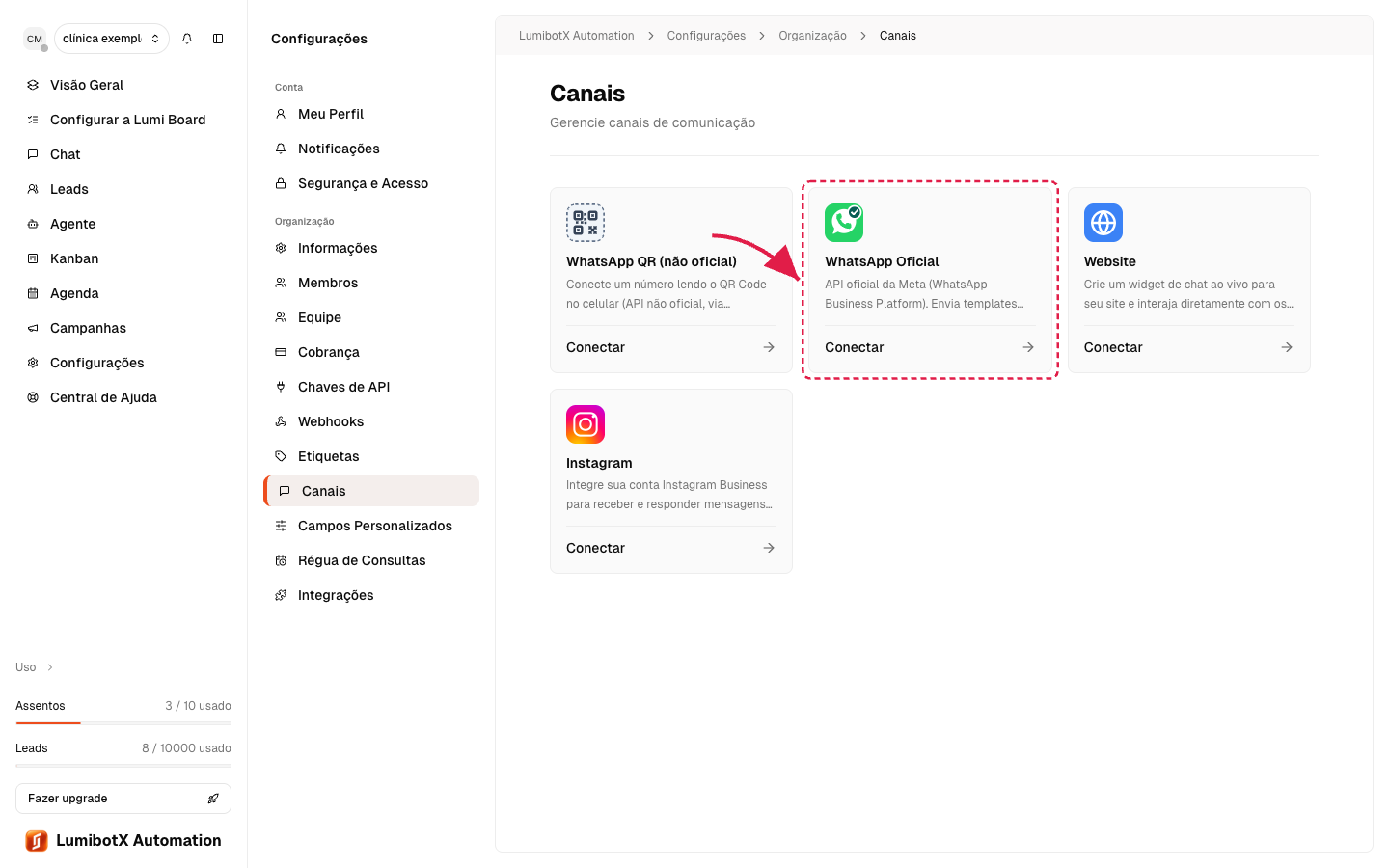 Página de Canais com a grade de cartões e uma seta vermelha destacando o cartão do WhatsApp