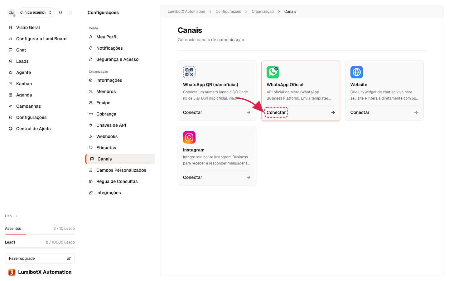 Cartão do WhatsApp com uma seta vermelha indicando o clique para abrir os detalhes do canal