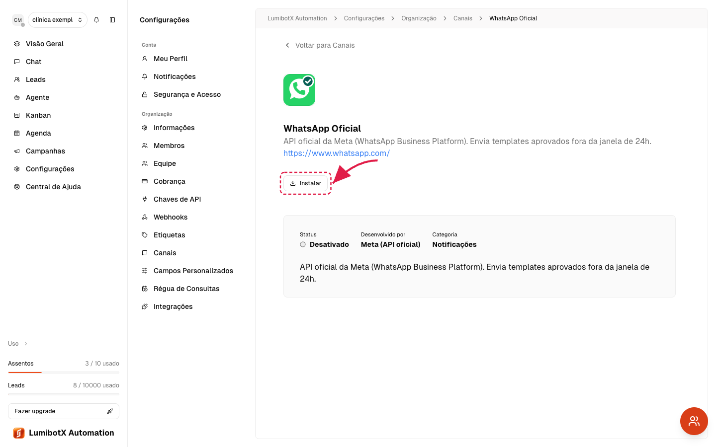 Página de detalhes do canal com uma seta vermelha apontando para o botão de ativar a conexão