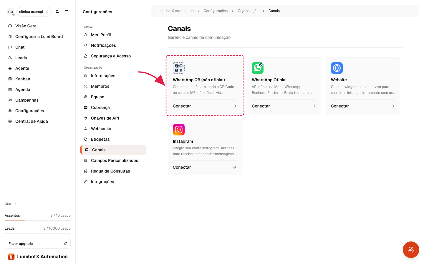 Página de Canais com uma seta vermelha apontando para o card do WhatsApp