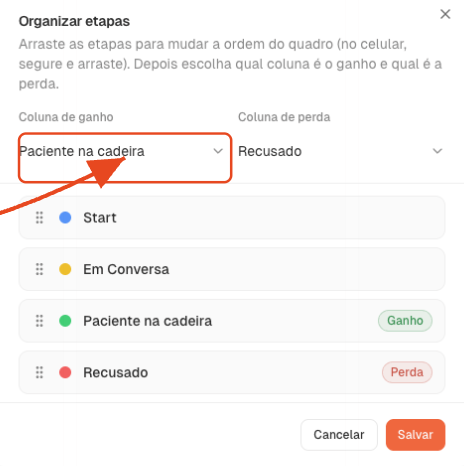 Modal Organizar etapas com a seta destacando o campo Coluna de ganho