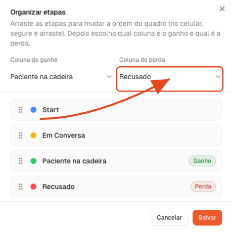 Modal Organizar etapas com a seta destacando o campo Coluna de perda