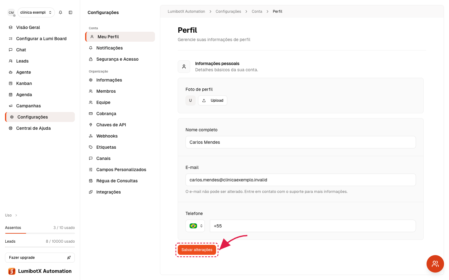 Tela de perfil com seta vermelha apontando para o botão Salvar