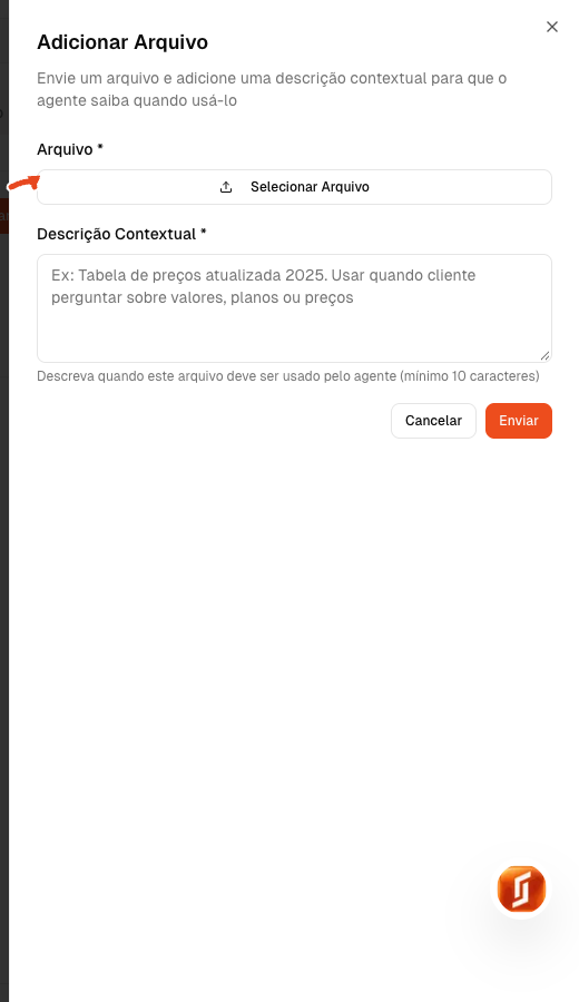 Painel de upload com seta vermelha apontando para o botão de selecionar arquivo