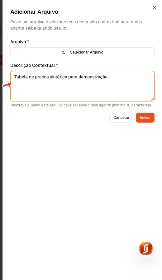 Campo de descrição preenchido, com seta vermelha destacando o texto explicativo