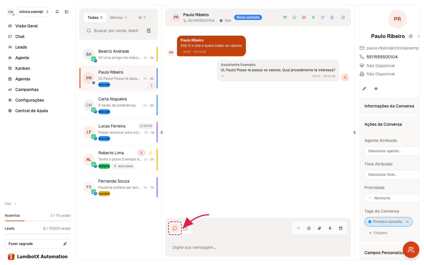Botões Responder e Nota Privada acima do campo de texto, com uma seta vermelha destacando o botão Responder