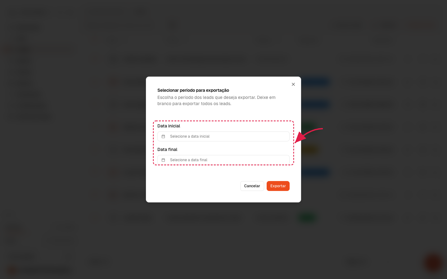 Janela de período com seta vermelha destacando os campos de data inicial e data final