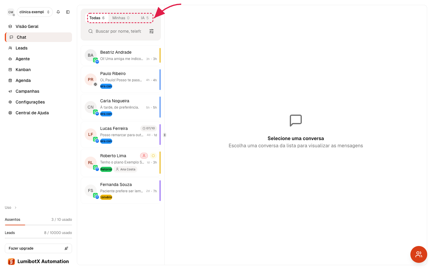 Tela do Chat com a lista à esquerda e uma seta vermelha apontando para as abas Todas, Minhas e IA