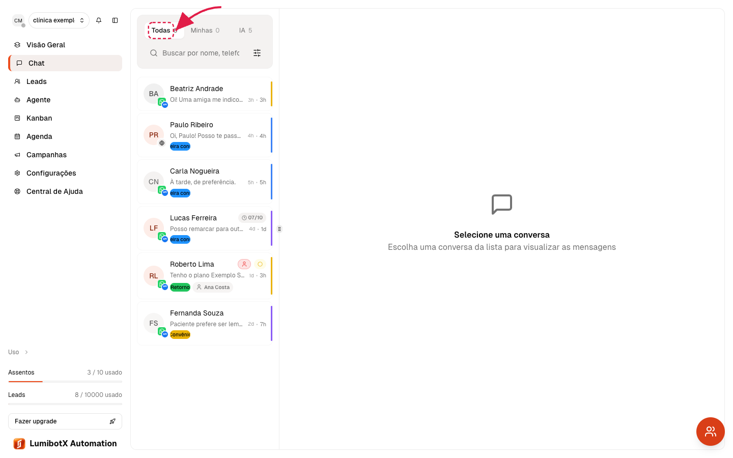 Aba Todas selecionada mostrando a lista completa de conversas, com uma seta vermelha apontando para a aba Todas