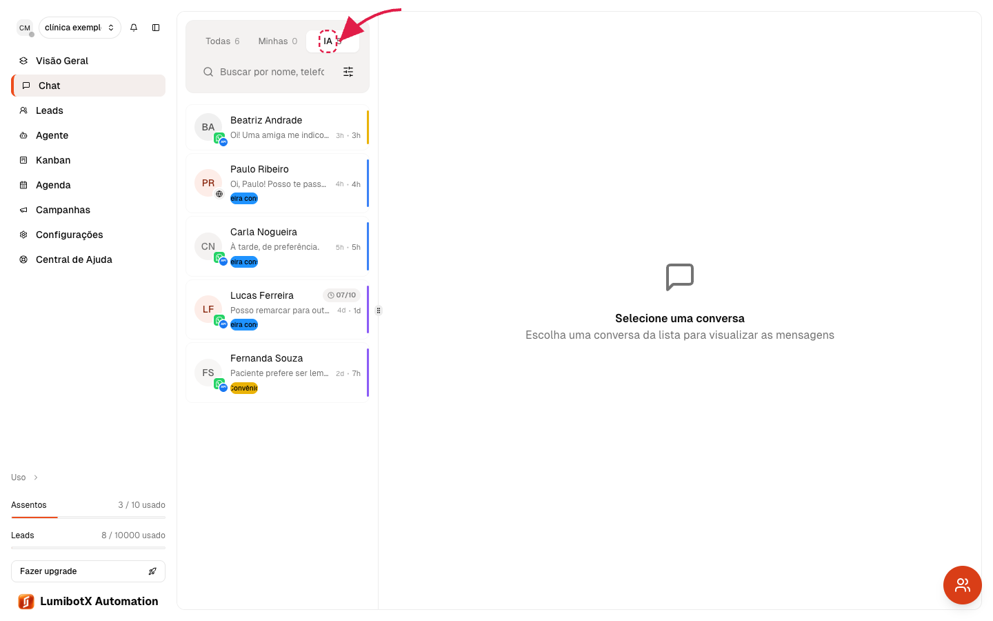 Aba IA selecionada mostrando as conversas em atendimento pela inteligência artificial, com uma seta vermelha apontando para a aba IA