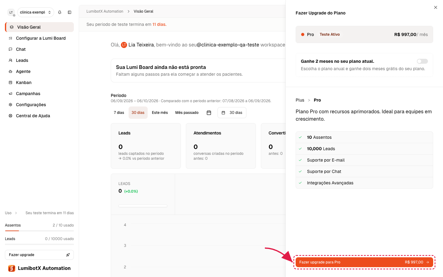 Janela de upgrade com um plano selecionado e seta vermelha apontando para o ciclo e o botão de confirmar