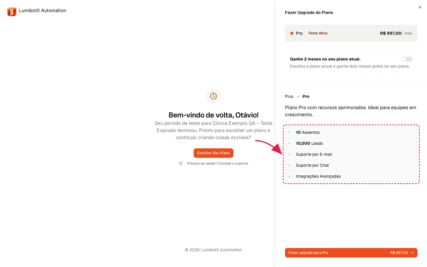 Tela de upgrade exibida após o fim do teste com seta vermelha destacando a lista de planos disponíveis