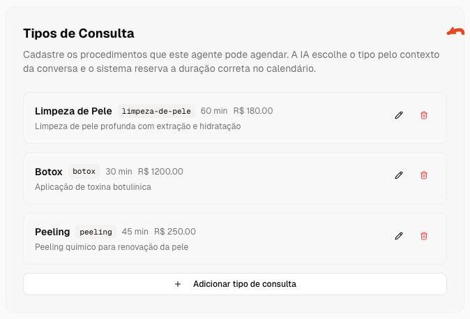 Tela de configuração do agente com uma seta vermelha apontando para a seção de tipos de consulta