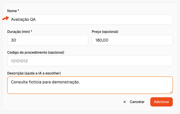 Formulário de tipo de consulta com seta vermelha destacando o campo de nome