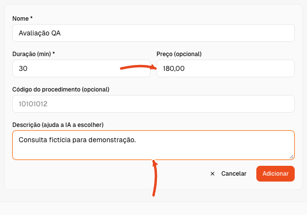 Formulário com preço e descrição preenchidos, seta vermelha destacando esses campos