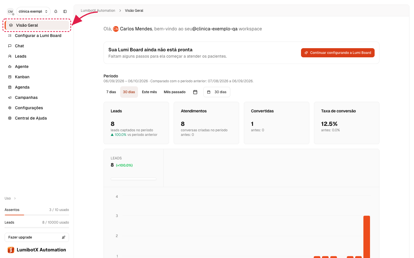 Menu lateral com uma seta vermelha apontando para o item "Visão Geral" no topo