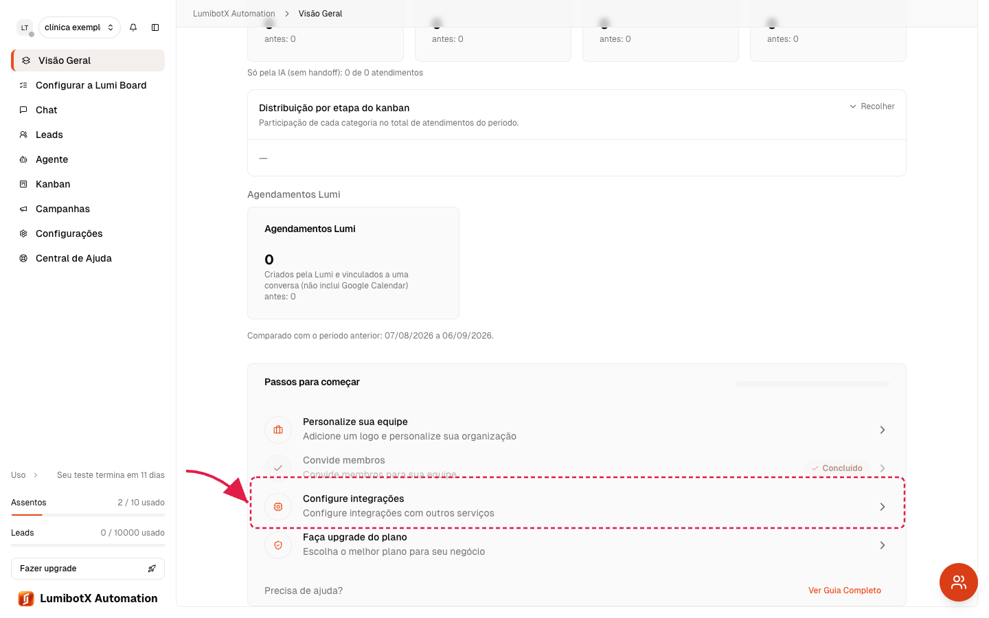 Card Passos para começar com barra de progresso e uma seta vermelha apontando para a etapa de configurar integrações